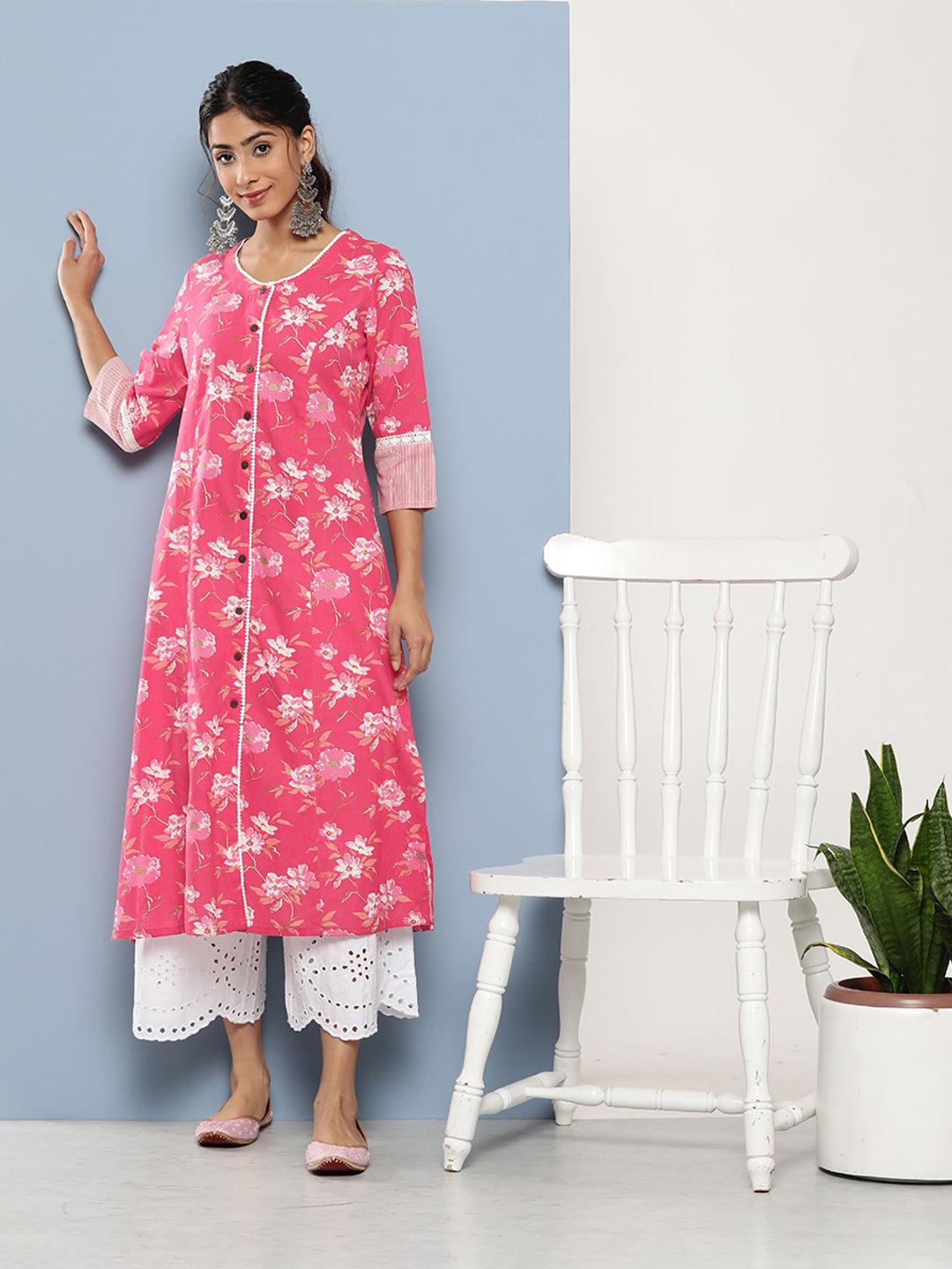 Eshani Pink Floral cotton flex A-Line Kurta - Eshani world