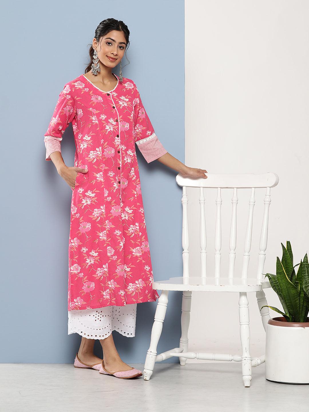 Eshani Pink Floral cotton flex A-Line Kurta - Eshani world