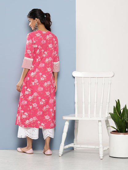 Eshani Pink Floral cotton flex A-Line Kurta - Eshani world