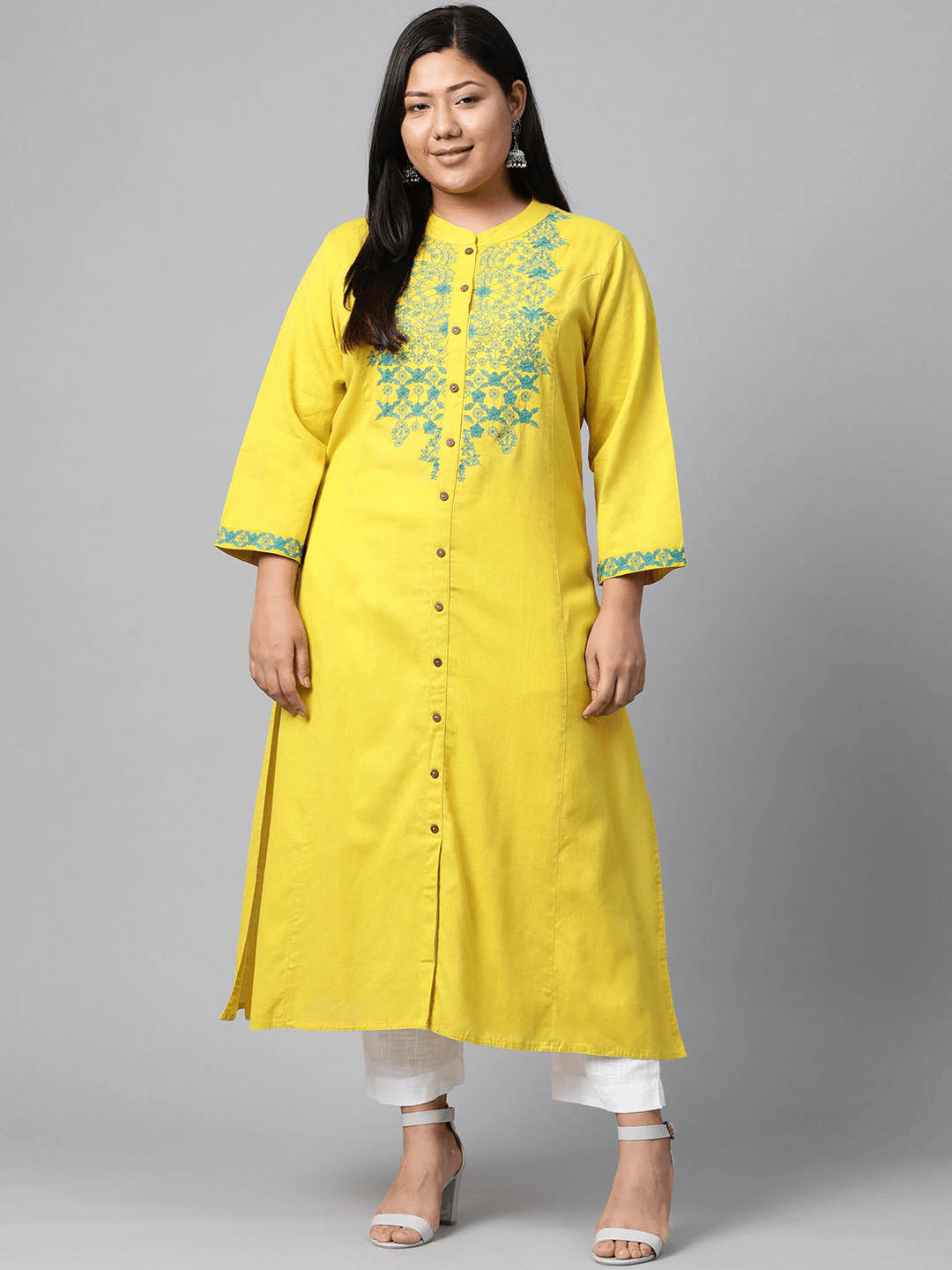 Plus Size Women's Yellow Regular A-Line Calf Long Kurta - Eshani world