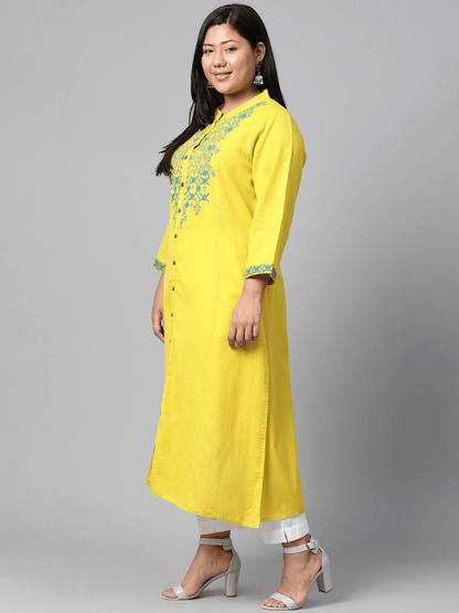 Plus Size Women's Yellow Regular A-Line Calf Long Kurta - Eshani world