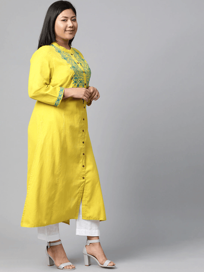 Plus Size Women's Yellow Regular A-Line Calf Long Kurta - Eshani world