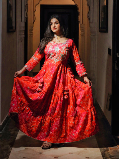 Eshani Bandhej Printed Anarkali Kurta - divenaworld.com