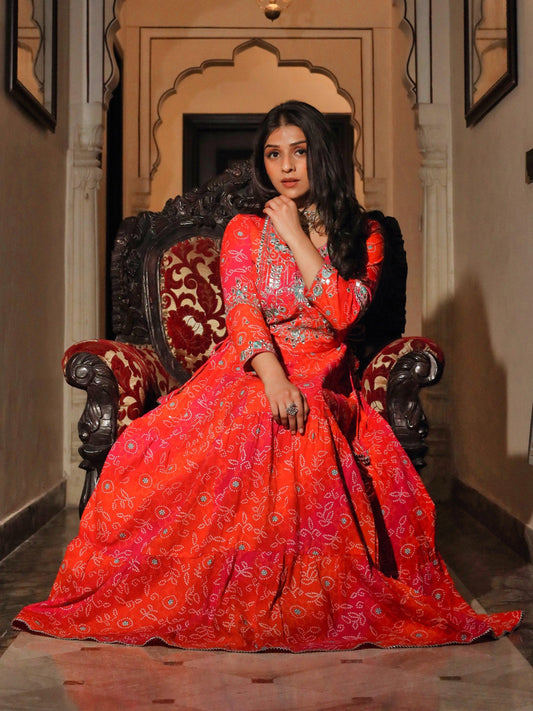 Eshani Bandhej Printed Anarkali Kurta - divenaworld.com