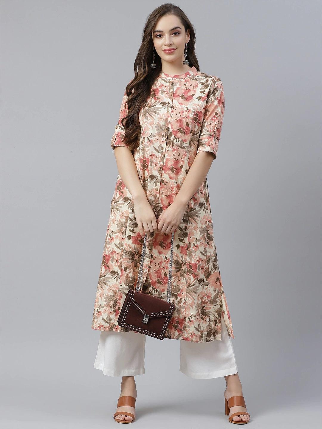 Eshani Cream Cotton Floral Print Kurta - Eshani world