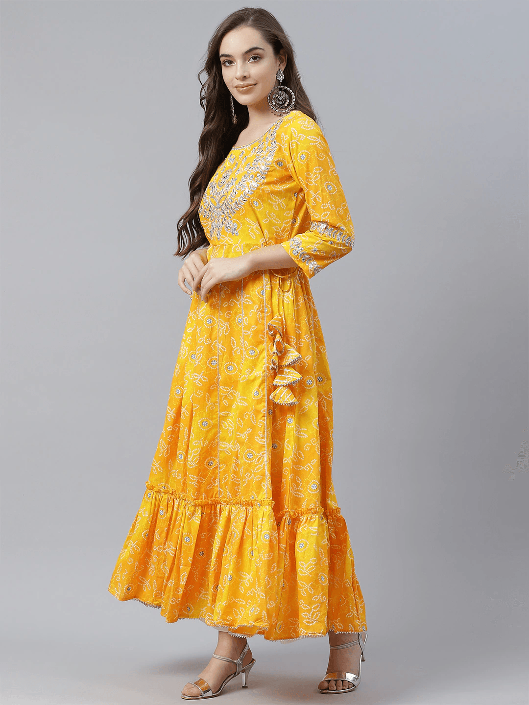 Eshani Yellow Cotton Flared Gota Work Bandhani Kurta - Eshani world