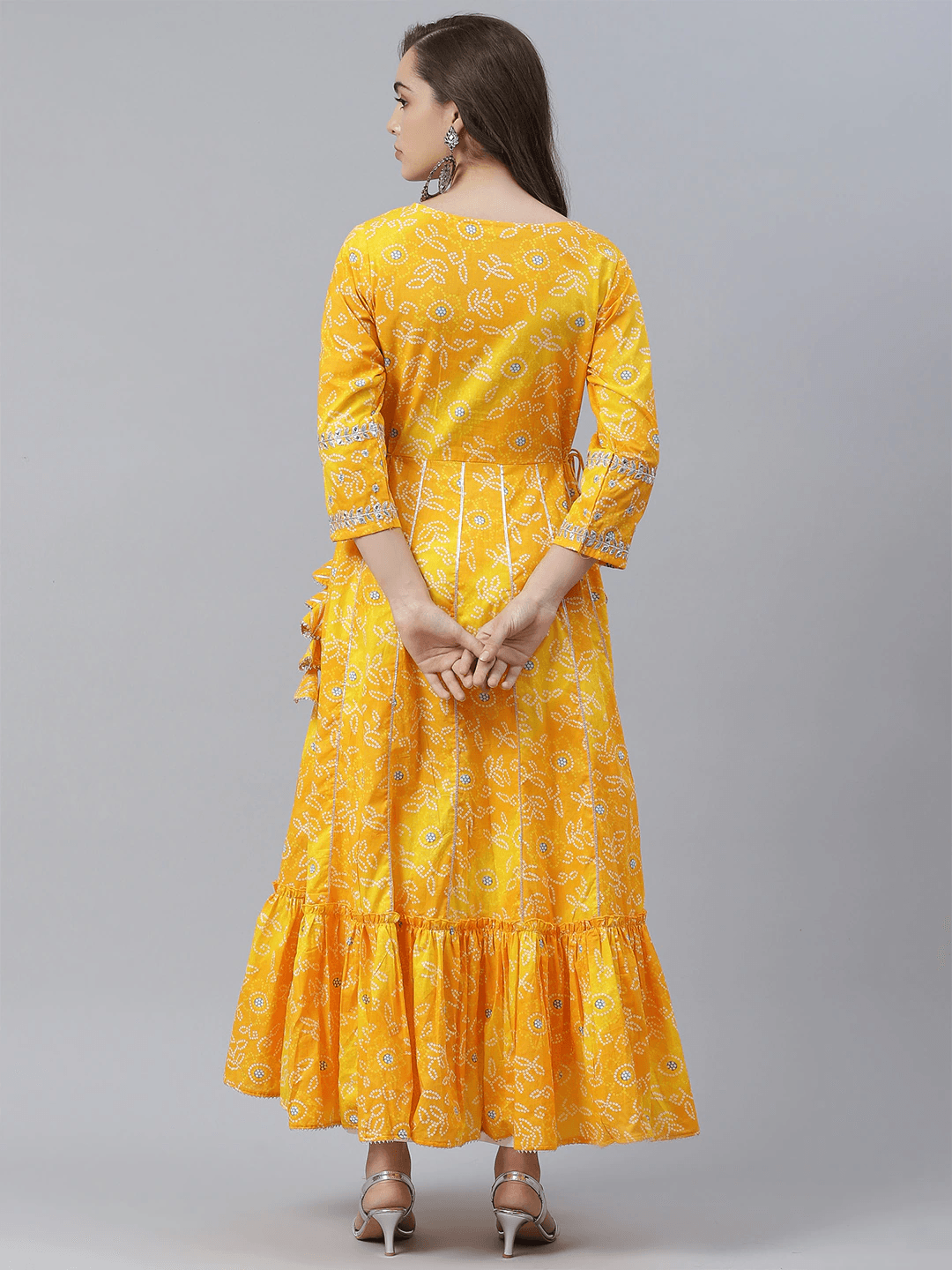 Eshani Yellow Cotton Flared Gota Work Bandhani Kurta - Eshani world