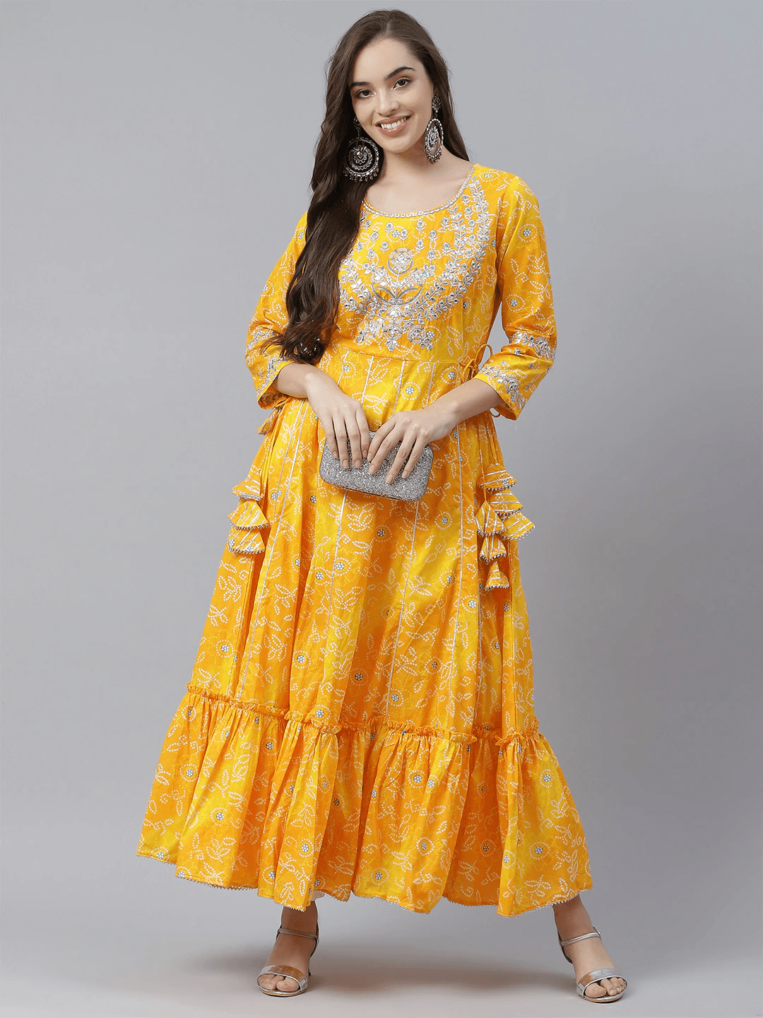 Eshani Yellow Cotton Flared Gota Work Bandhani Kurta - Eshani world