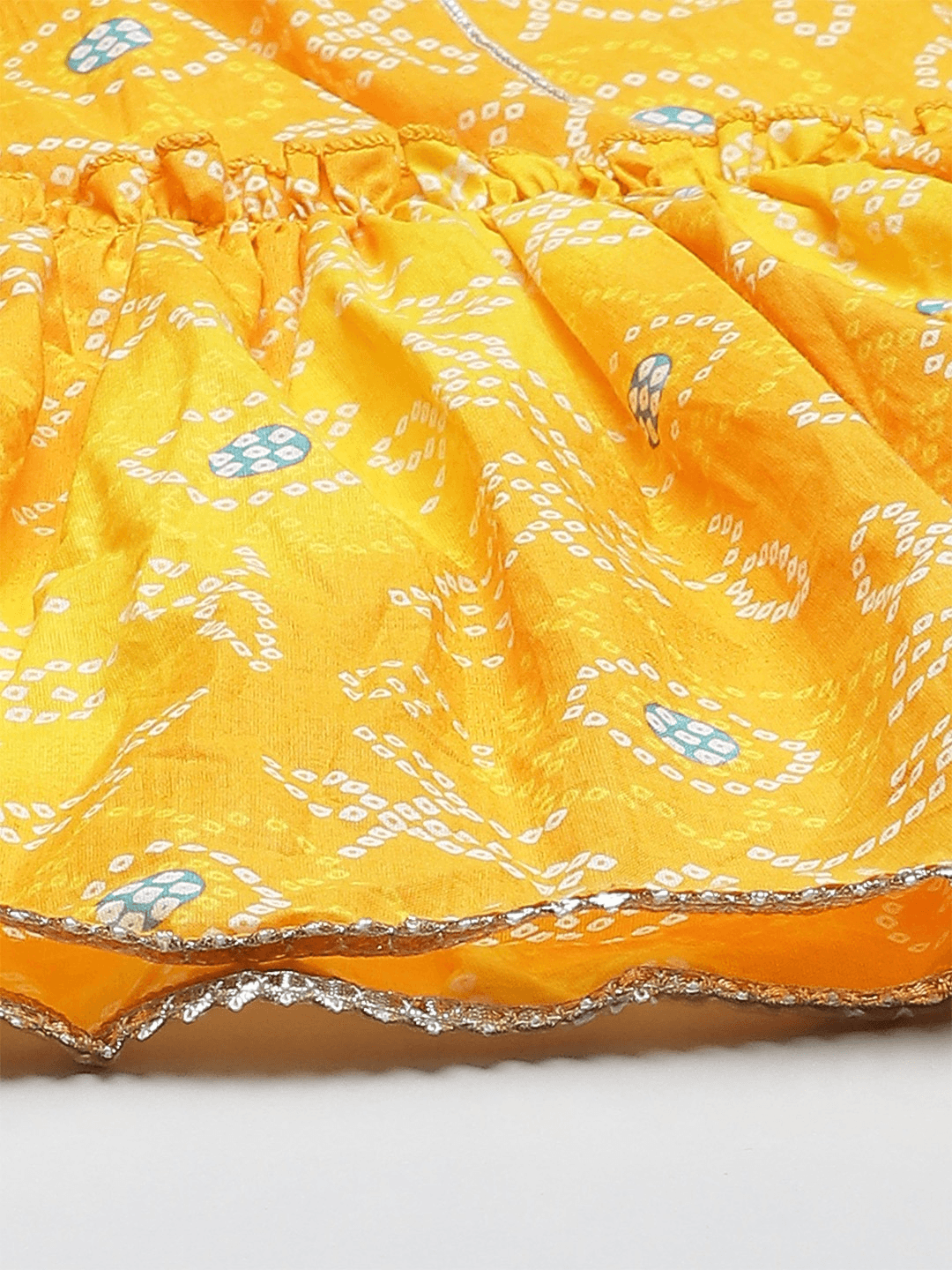 Eshani Yellow Cotton Flared Gota Work Bandhani Kurta - Eshani world