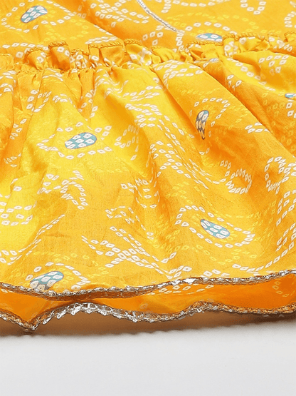 Eshani Yellow Cotton Flared Gota Work Bandhani Kurta - Eshani world