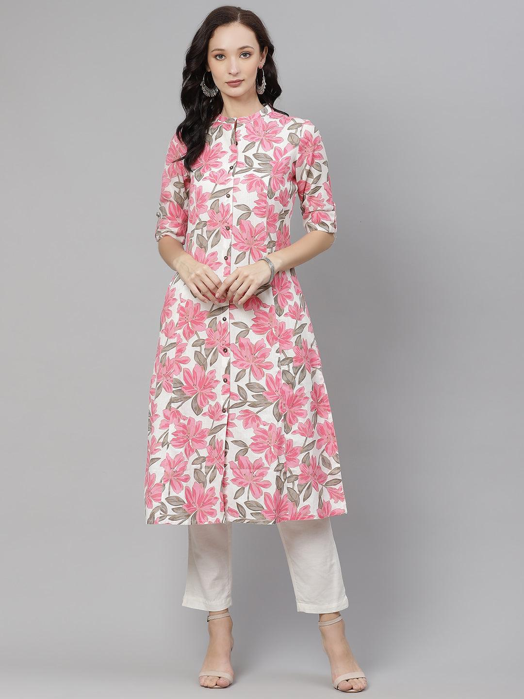 Eshani White Floral Print Cotton Kurta - Eshani world