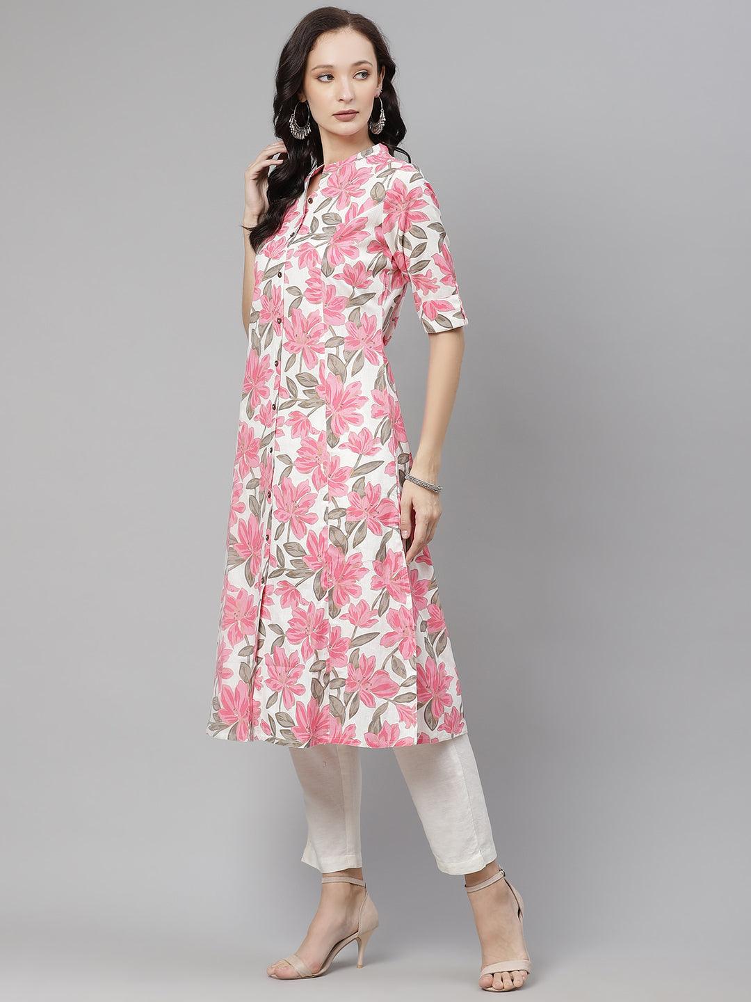 Eshani White Floral Print Cotton Kurta - Eshani world