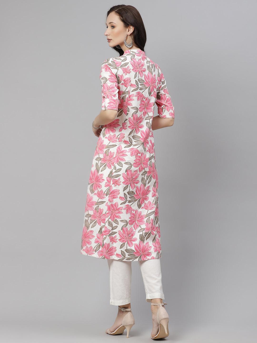 Eshani White Floral Print Cotton Kurta - Eshani world