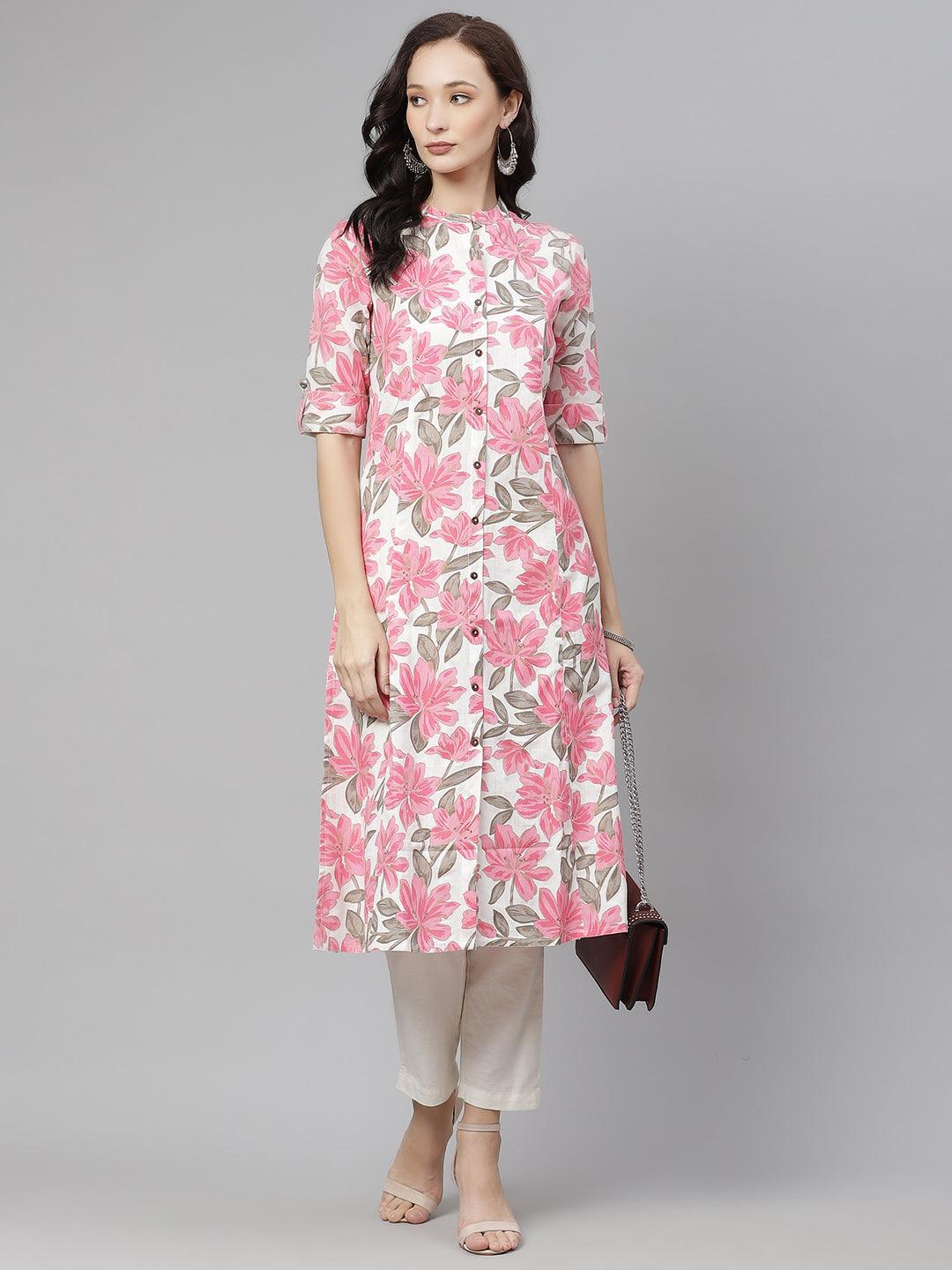 Eshani White Floral Print Cotton Kurta - Eshani world