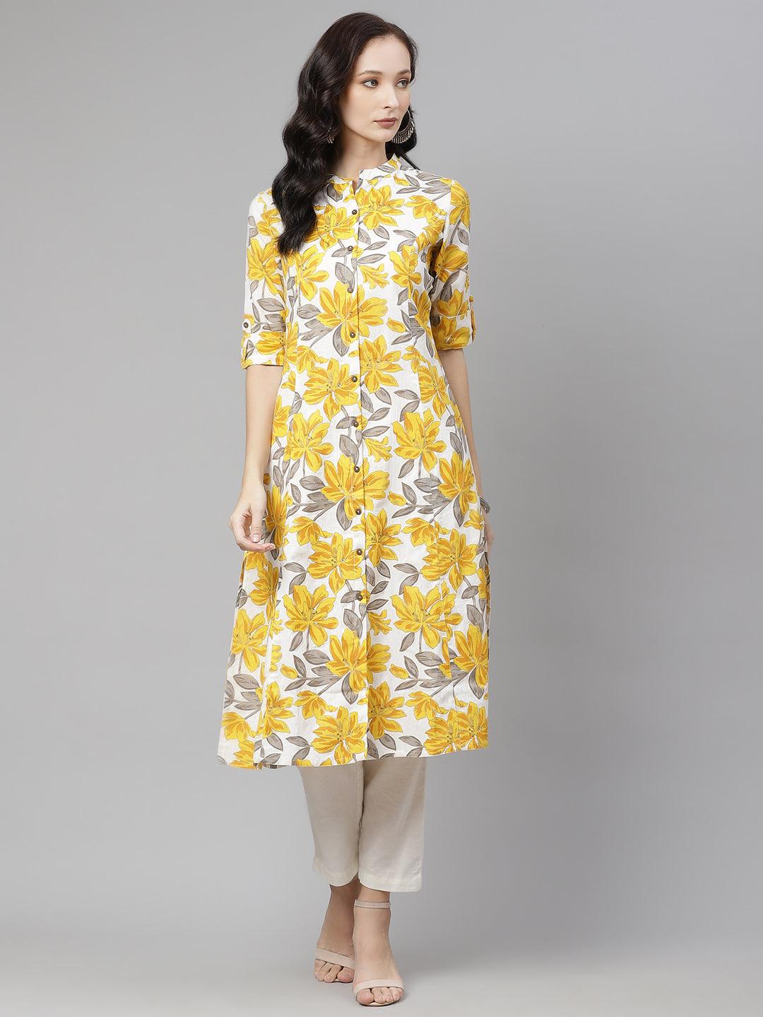 Eshani Yellow Floral Print Pure Cotton A-line Kurta - Eshani world