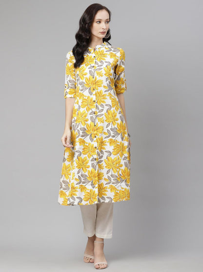 Eshani Yellow Floral Print Pure Cotton A-line Kurta - Eshani world