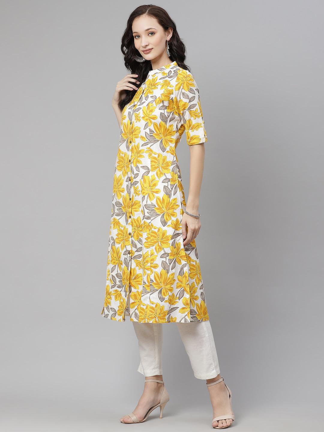 Eshani Yellow Floral Print Pure Cotton A-line Kurta - Eshani world