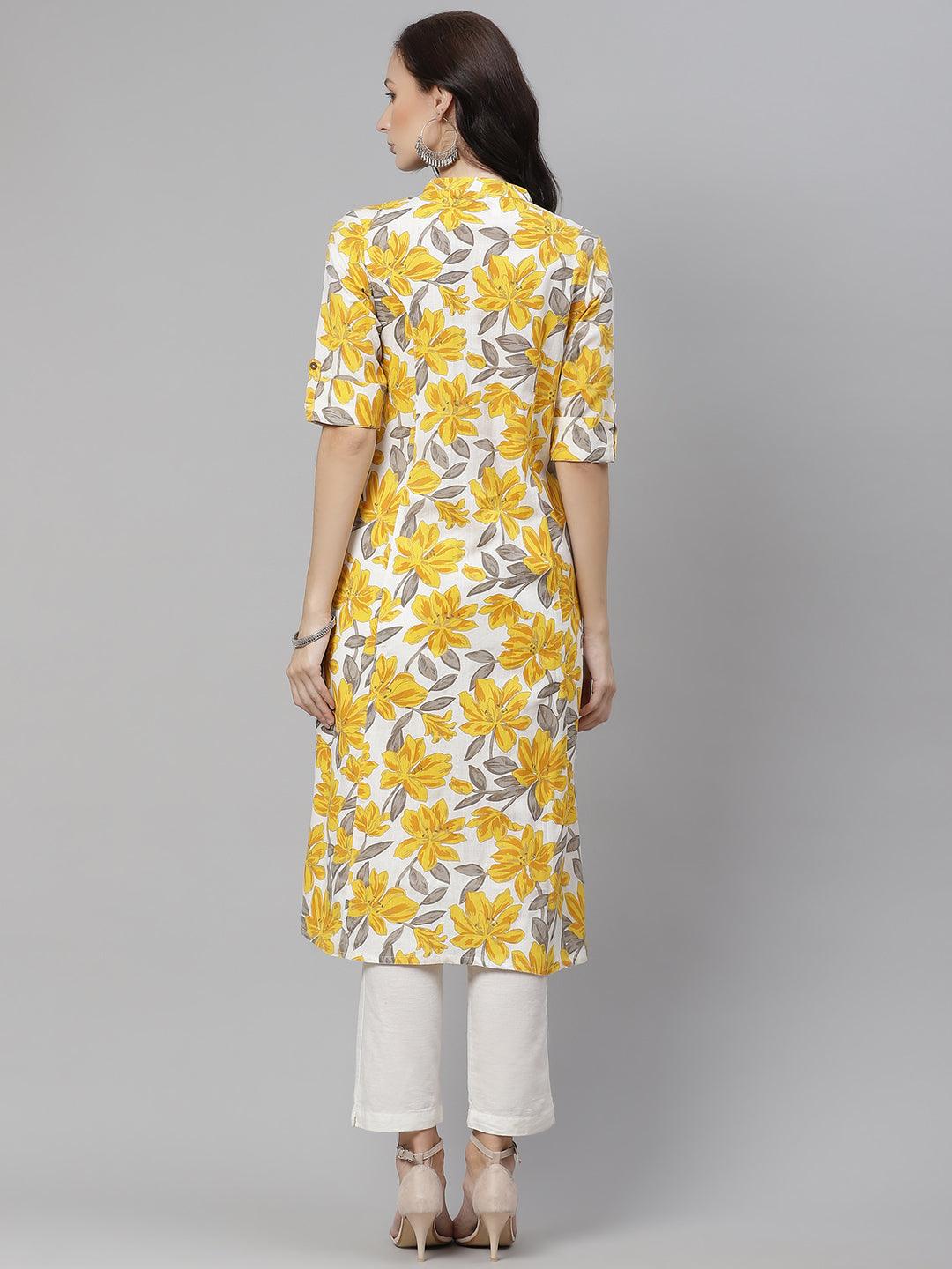 Eshani Yellow Floral Print Pure Cotton A-line Kurta - Eshani world