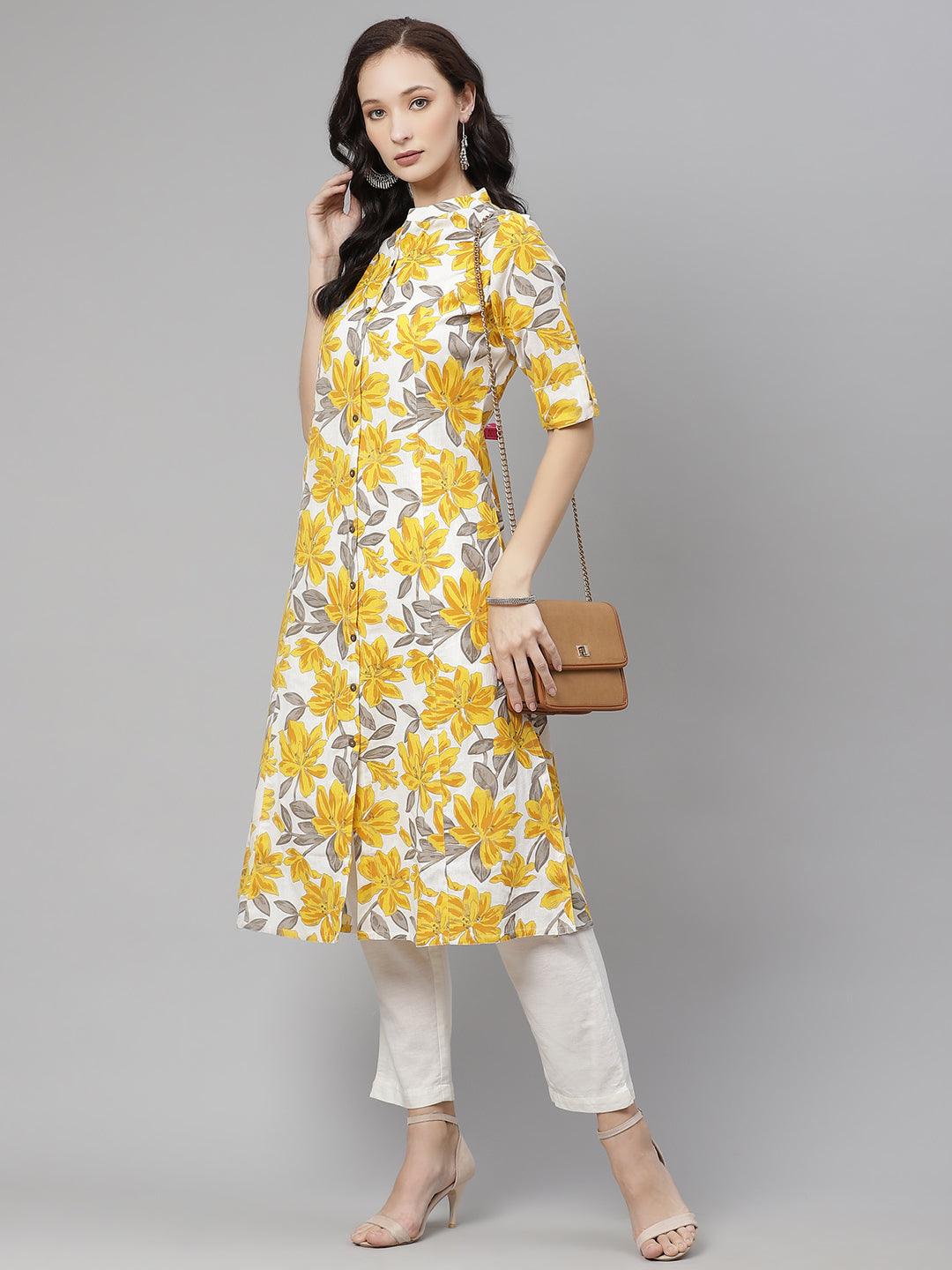 Eshani Yellow Floral Print Pure Cotton A-line Kurta - Eshani world