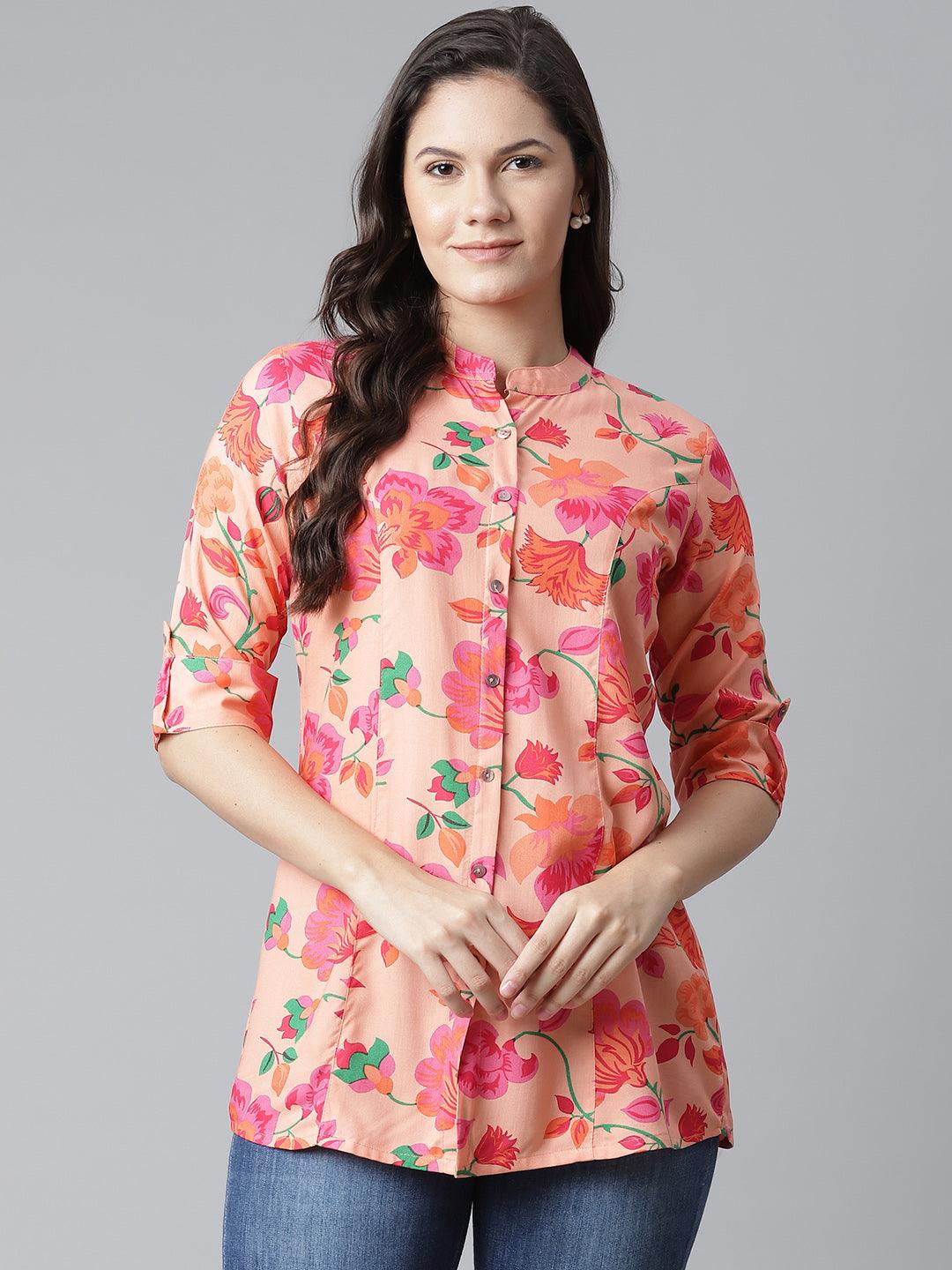 Eshani Rayon Peach Floral Print Shirt Style A-Line Top - Eshani world