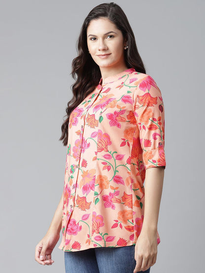 Eshani Rayon Peach Floral Print Shirt Style A-Line Top - Eshani world