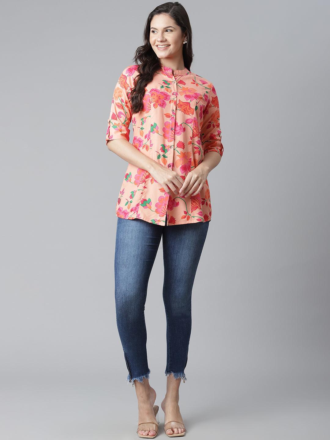 Eshani Rayon Peach Floral Print Shirt Style A-Line Top - Eshani world