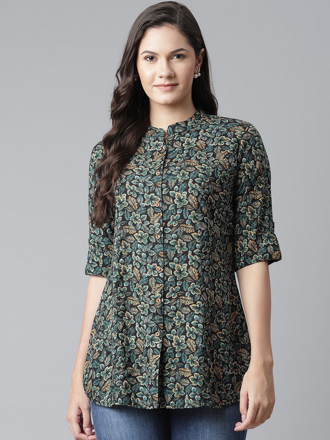 Eshani Navy Blue Green Rayon Printed Top - Eshani world