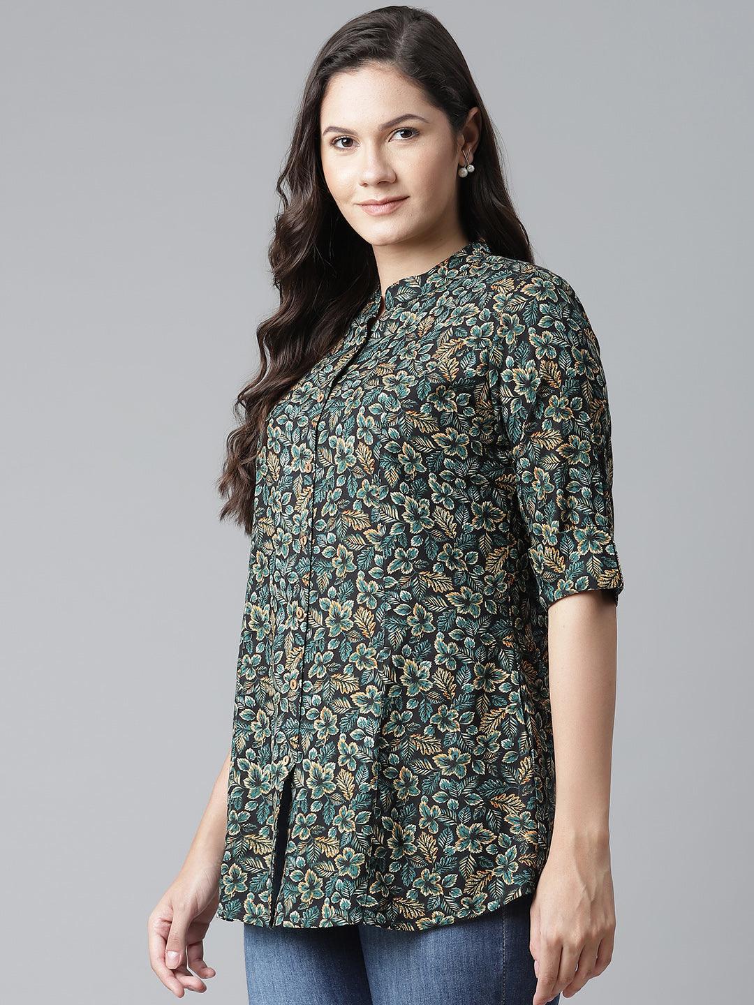 Eshani Navy Blue Green Rayon Printed Top - Eshani world