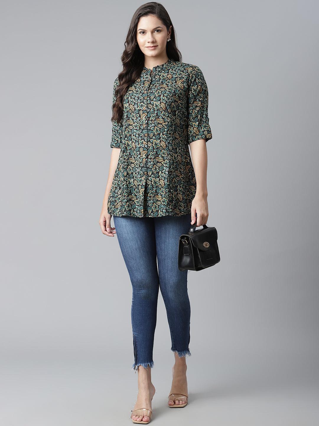 Eshani Navy Blue Green Rayon Printed Top - Eshani world