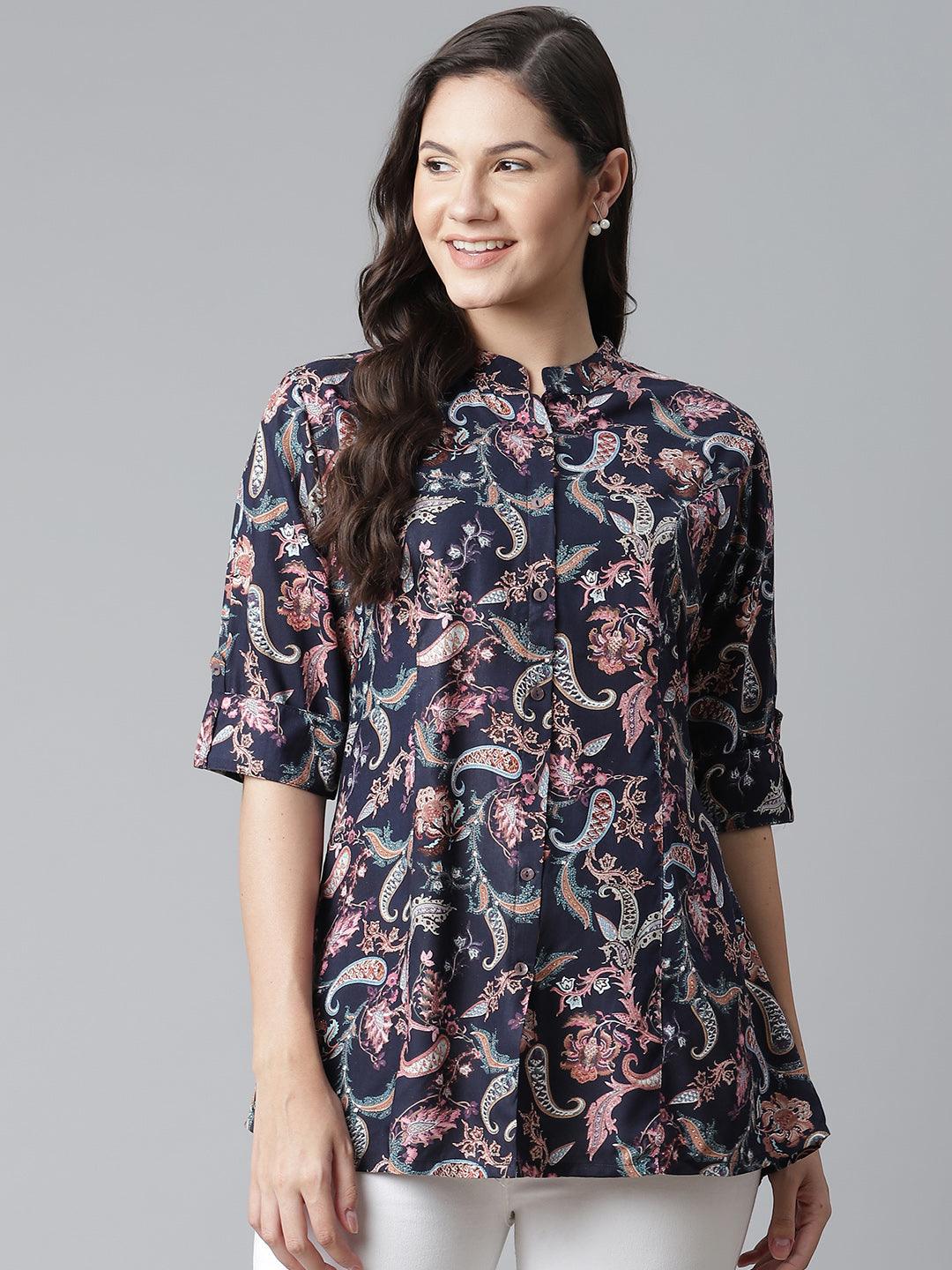 Eshani Blue Printed Rayon Shirt Style A-Line Top - Eshani world