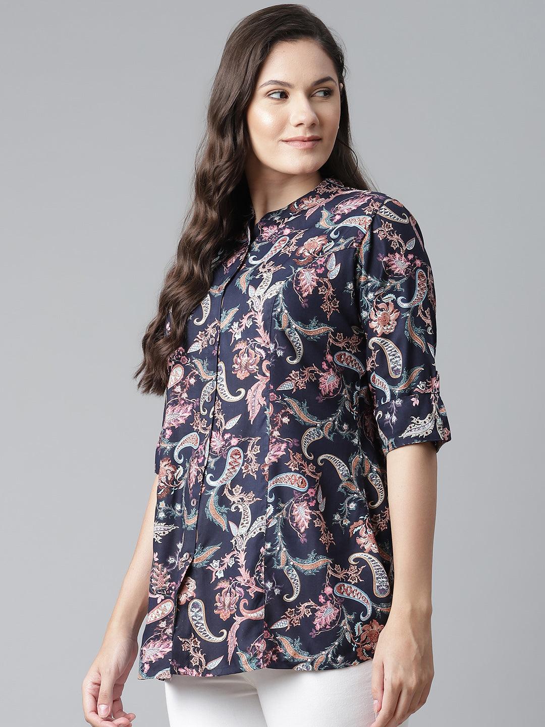 Eshani Blue Printed Rayon Shirt Style A-Line Top - Eshani world