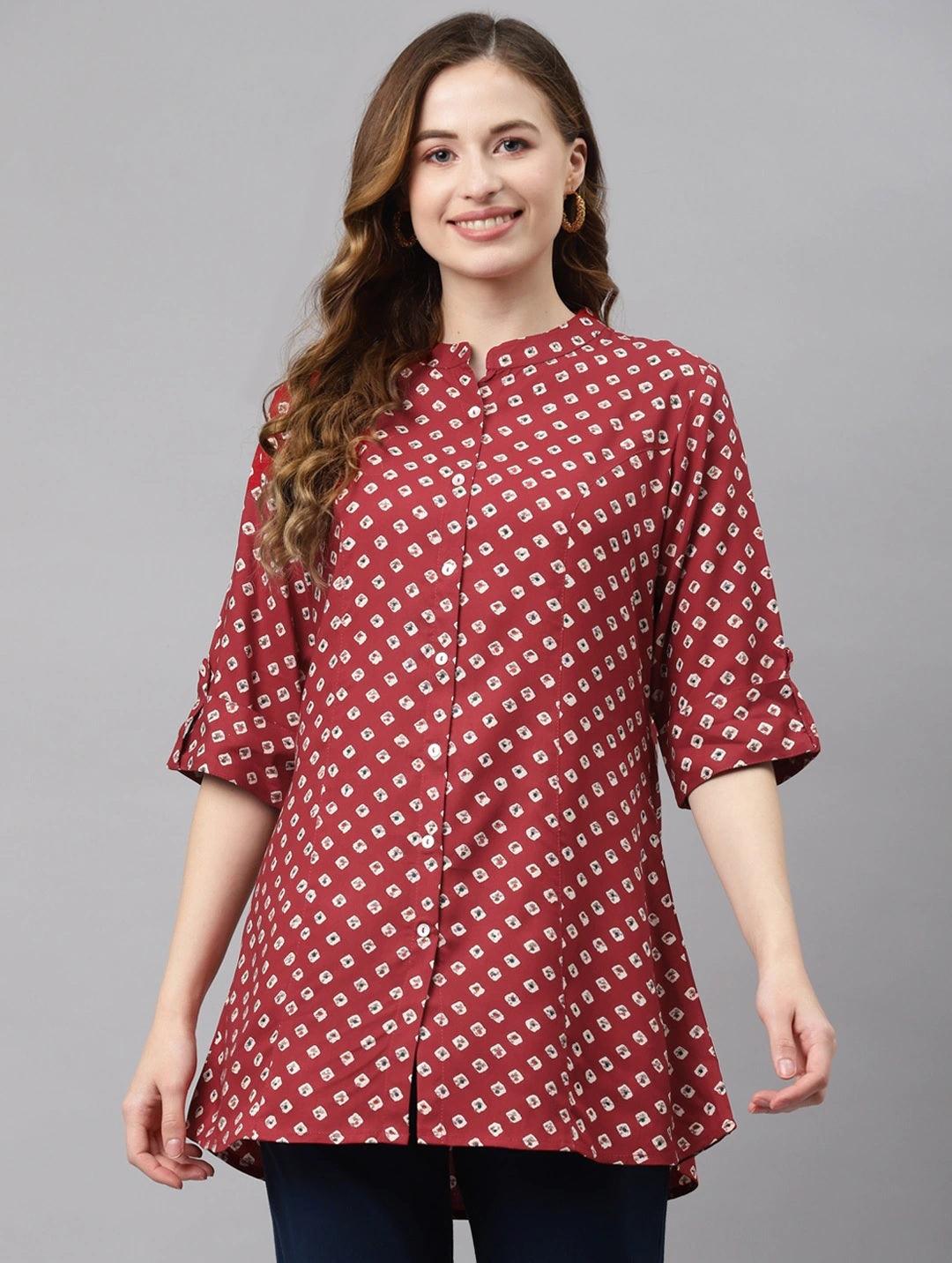 Eshani Maroon Bandhani Print Shirt Style A-line Top - Eshani world