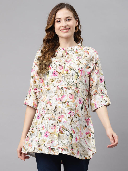 Eshani Multi Floral Rayon Shirt Style A-Line Top - Eshani world