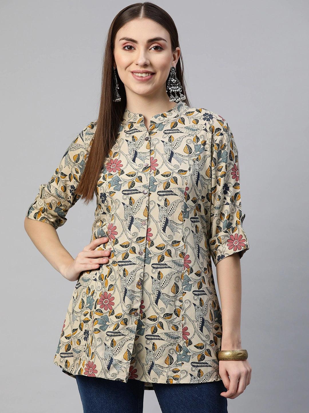 Eshani Beige Multi Floral Rayon A-line Shirts Style Top - Eshani world