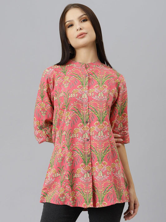 Eshani Dark Pink Floral Rayon A-line Shirts Style Top - divenaworld.com