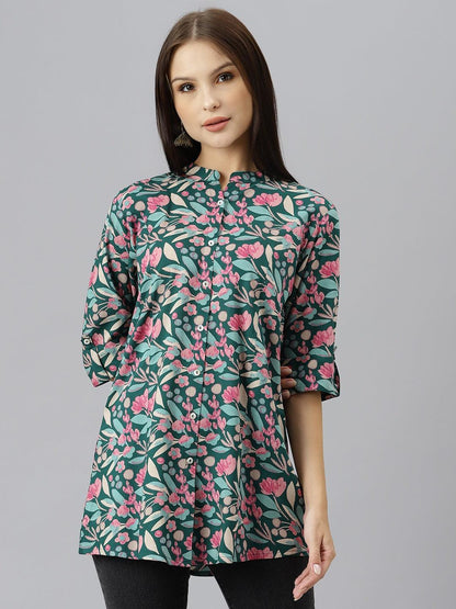 Eshani Dark Green Floral Rayon A-line Shirts Style Top - divenaworld.com