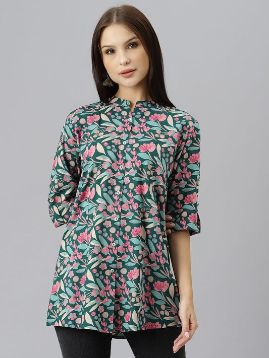 Eshani Dark Green Floral Rayon A-line Shirts Style Top - divenaworld.com