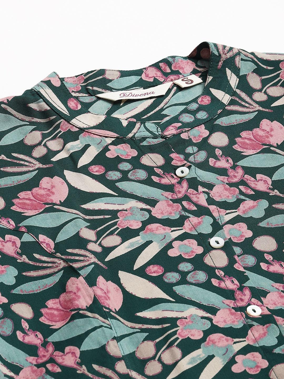 Eshani Dark Green Floral Rayon A-line Shirts Style Top - divenaworld.com