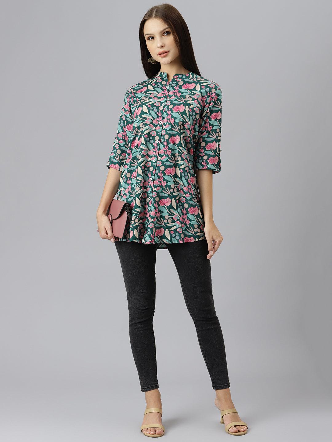 Eshani Dark Green Floral Rayon A-line Shirts Style Top - divenaworld.com