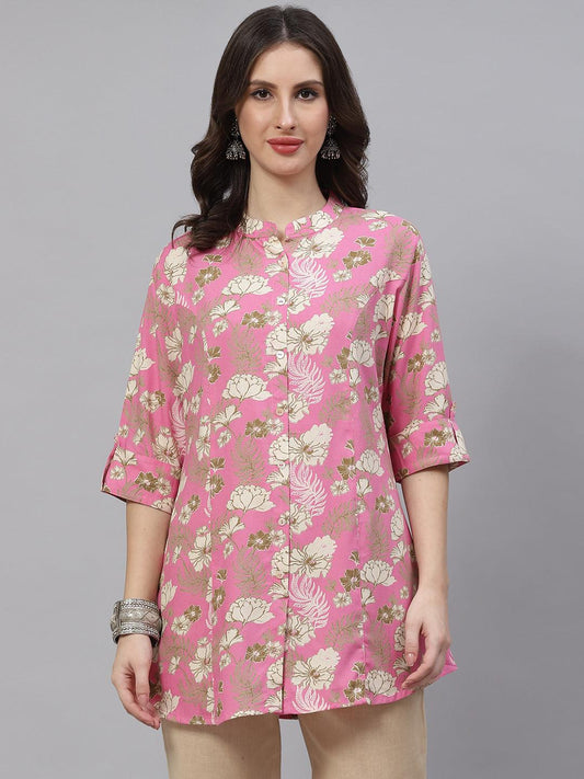 Eshani Light Pink Floral Rayon A-line Top - Eshani world