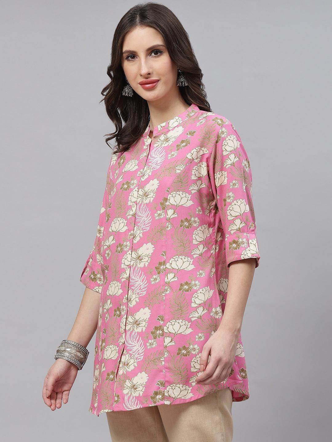 Eshani Light Pink Floral Rayon A-line Top - Eshani world