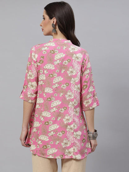 Eshani Light Pink Floral Rayon A-line Top - Eshani world