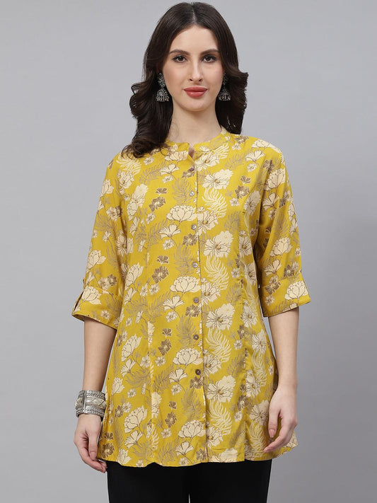 Eshani Mustard Floral Rayon A-lineTop - Eshani world