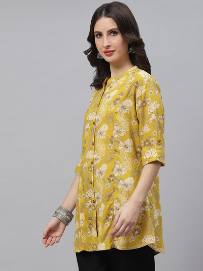 Eshani Mustard Floral Rayon A-lineTop - Eshani world