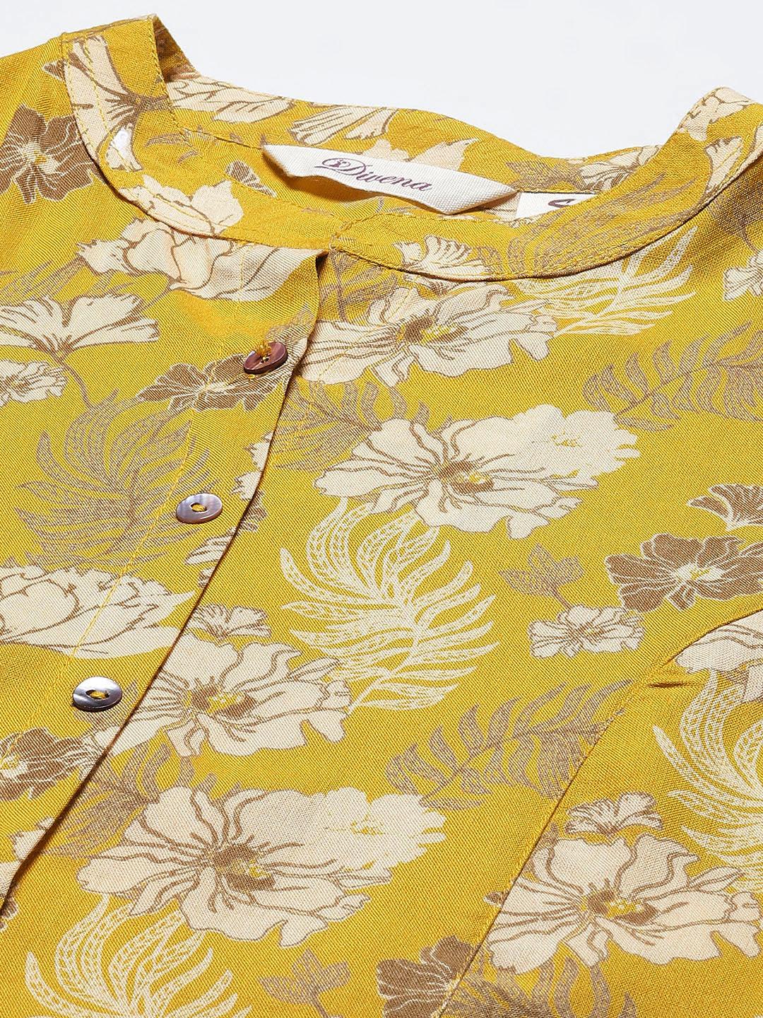 Eshani Mustard Floral Rayon A-lineTop - Eshani world