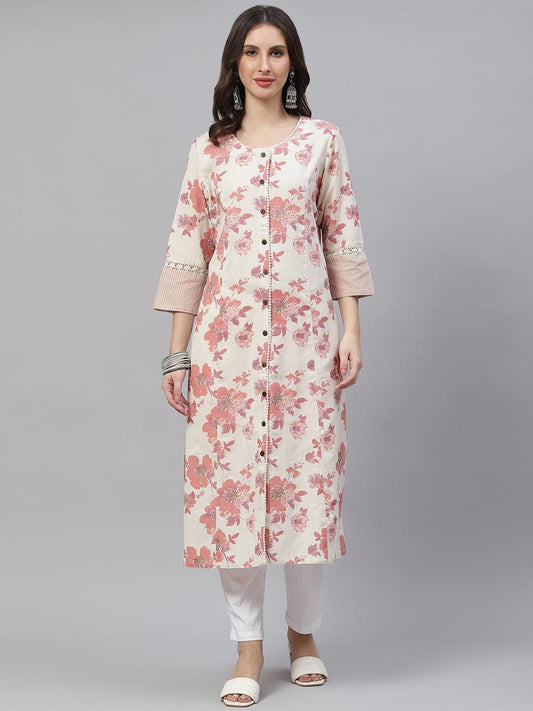 Eshani Cream Floral cotton flex A-Line Kurta - Eshani world