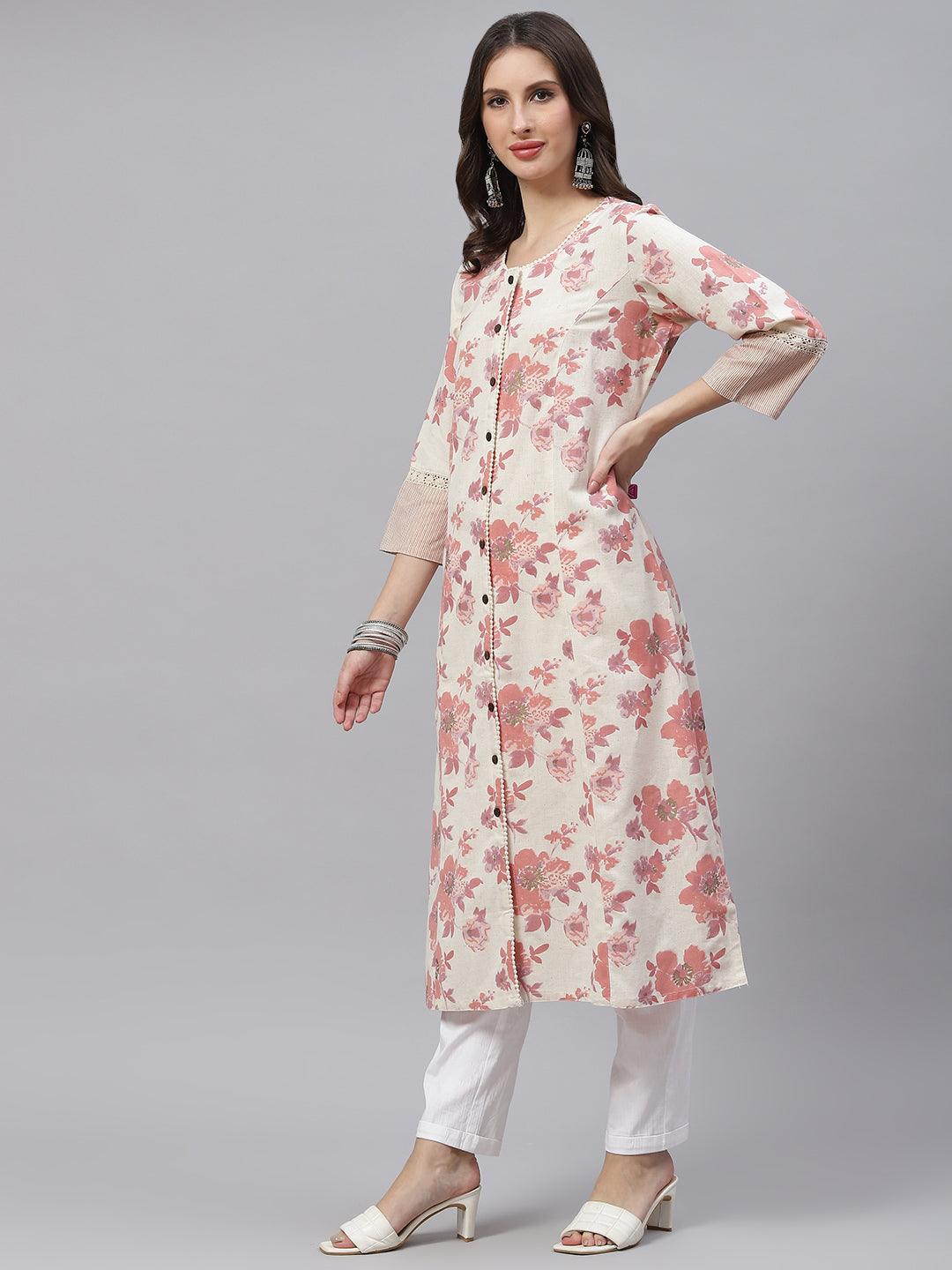 Eshani Cream Floral cotton flex A-Line Kurta - Eshani world