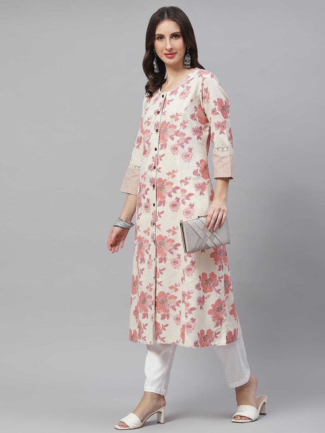 Eshani Cream Floral cotton flex A-Line Kurta - Eshani world