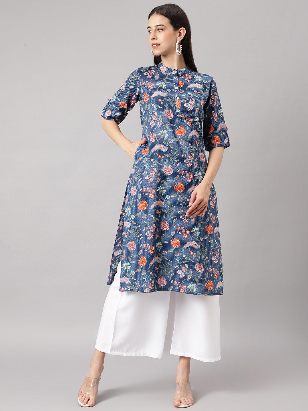 Eshani Blue and Orange Cotton Katha work Straight Kurta - Eshani world