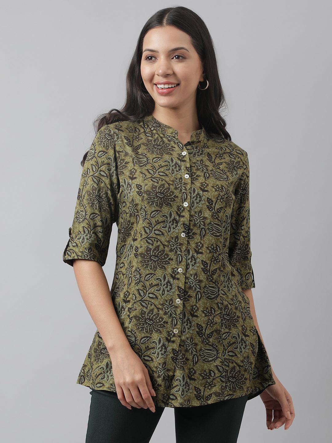 Eshani Olive Green Floral Printed Rayon A-line Shirt Style Top - Eshani world